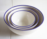 Handmade Porcelain Serving Bowls with Cobalt Blue Rim